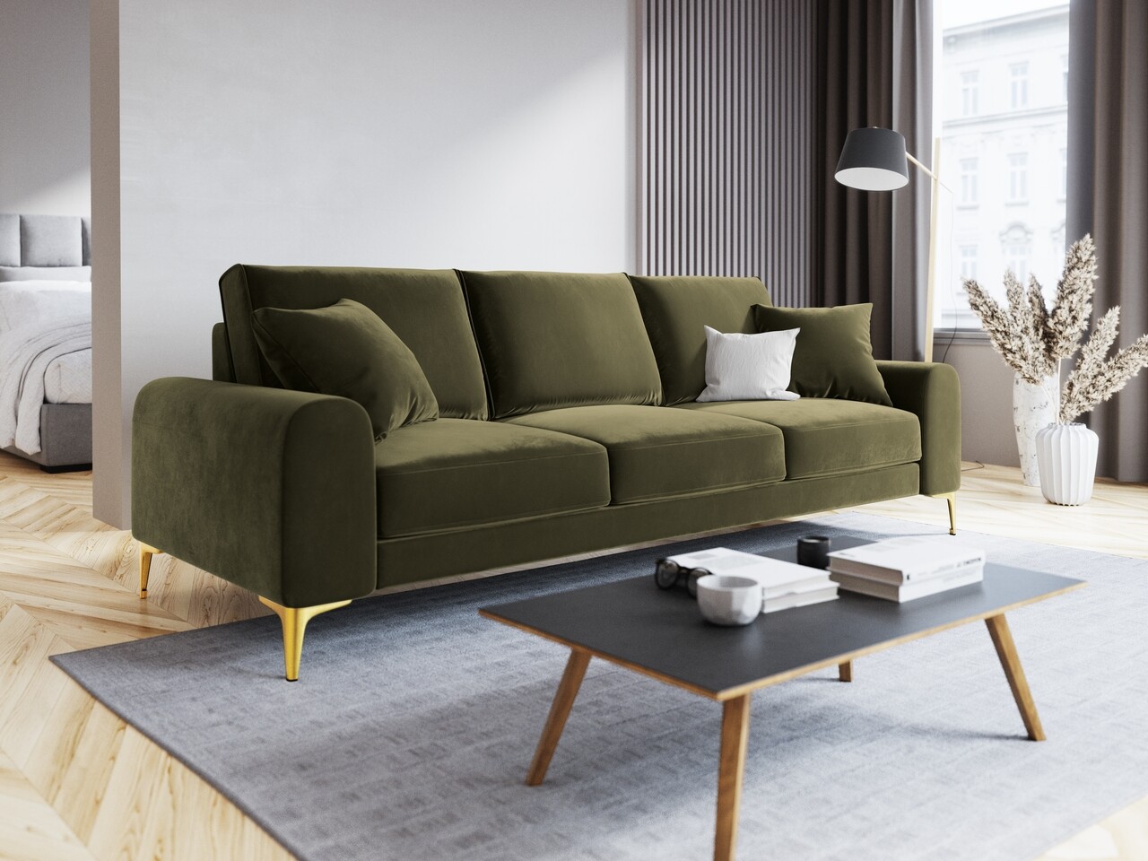 Canapea, Madara, Mazzini Sofas, 4 locuri, gold legs, 237x102x90 cm, catifea, verde