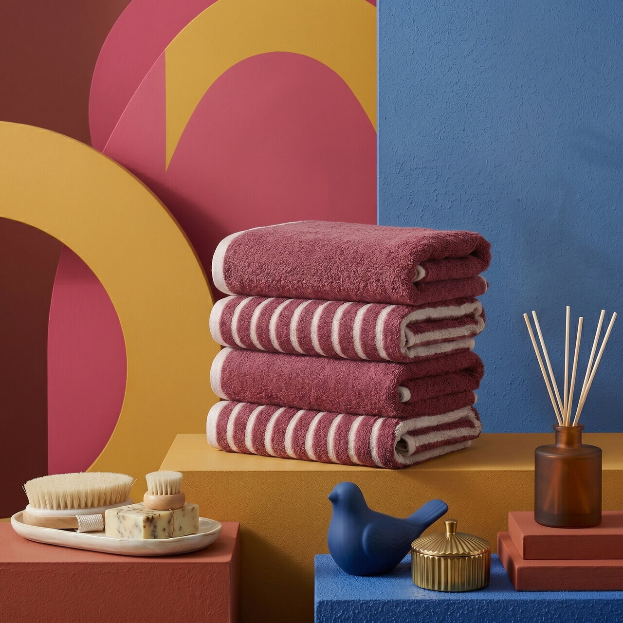 Set prosoape, L'essentiel Maison, Stripe Melange, Bumbac, Roz prafuit