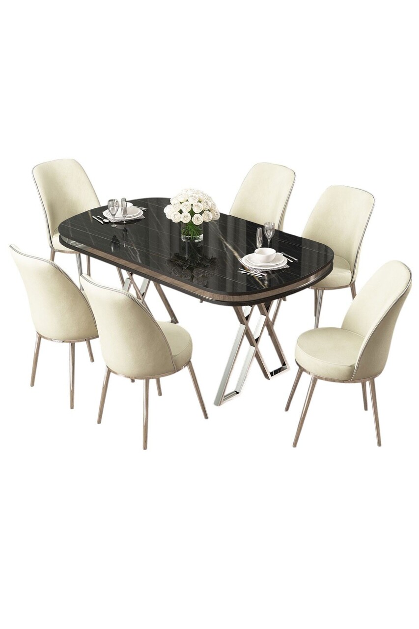Set masă și scaune (7 piese), Hanah Home, Lai, Marmură neagră / Crom / Crem - imagine 2