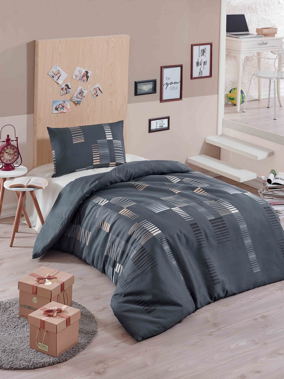 Lenjerie de pat pentru o persoana, Trace - Anthracite, Eponj Home, 65% bumbac/35% poliester