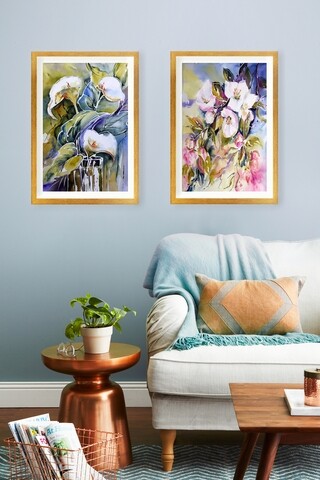 Set 2 tablouri decorative flower with frame gold, tablo center, 34x44 cm, mdf, multicolor