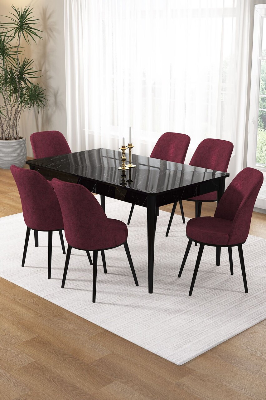 Set masa si scaune (7 piese), Hanah Home, Pir, Model de marmură neagră / Burgundiu