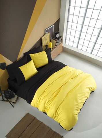 Lenjerie de pat dubla 4 piese, diamond - yellow, black, hobby, bumbac poplin