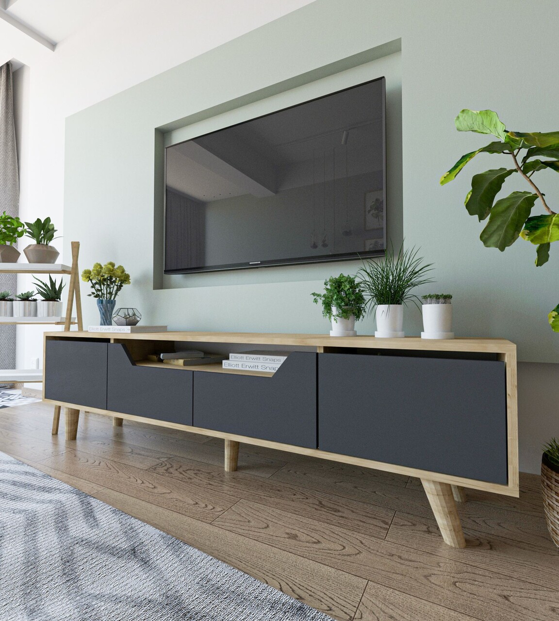 Comoda TV, Hanah Home, Roma 180, 180x48x29.8 cm, PAL, Stejar safir / Antracit - imagine 2