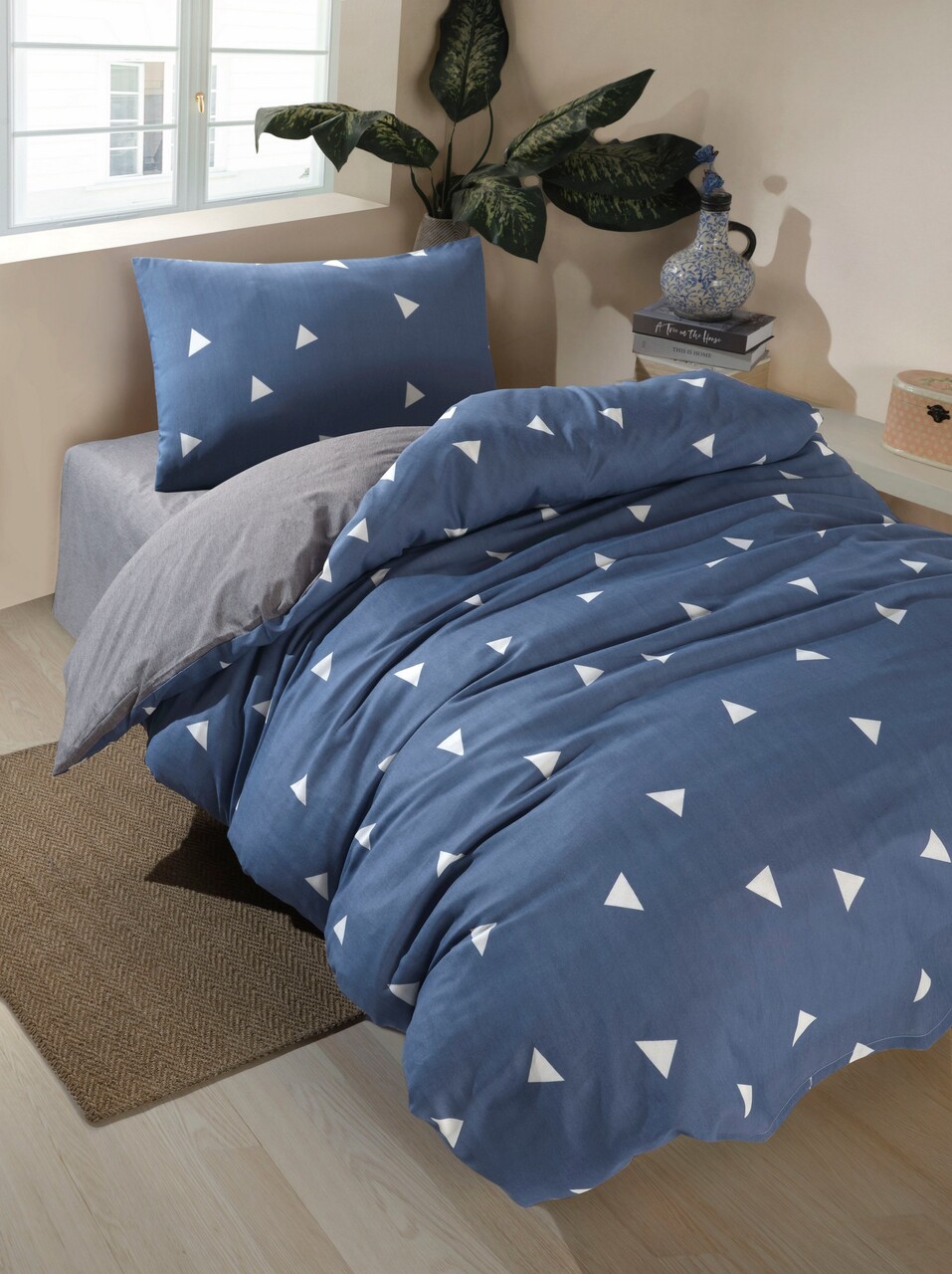Lenjerie de pat pentru o persoana, Geometrik - Blue, Eponj Home, 65% bumbac/35% poliester