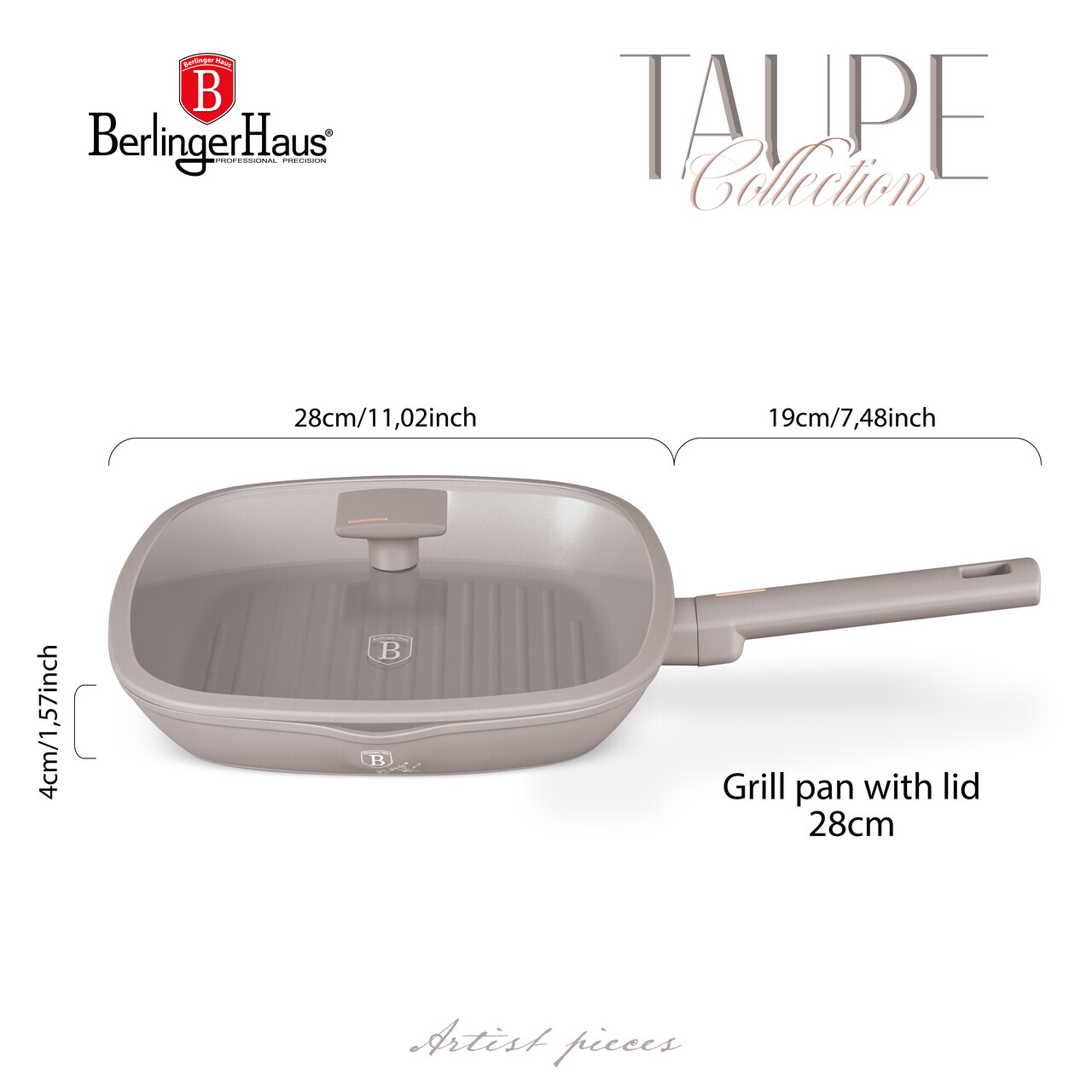Tigaie grill cu capac Berlinger Haus, Taupe, 28 cm, 2.1 L, aluminiu forjat, taupe mat - imagine 12