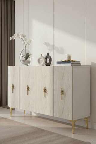 Consola, Hanah Home, Ayshe 120, 120x75x32 cm, White / Travertine / Gold