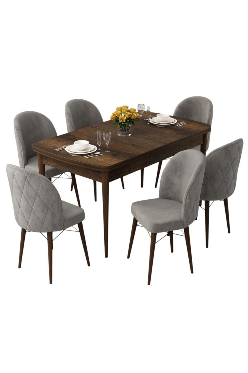 Set masa extensibila si scaune (7 piese), Hanah Home, Rut, Model baroc din lemn / Gri — imaginea 2