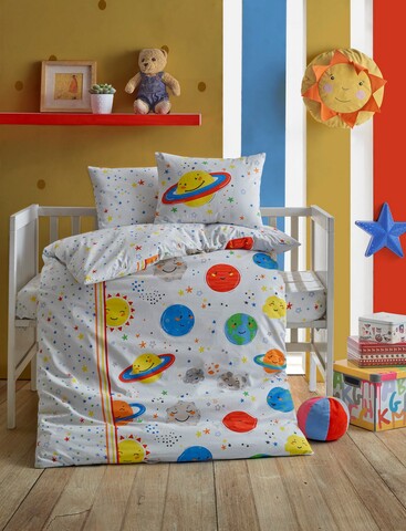 Lenjerie de pat pentru copii, 4 piese, 100×150 cm, 100% bumbac ranforce, Cotton Box, Gezegen, alb