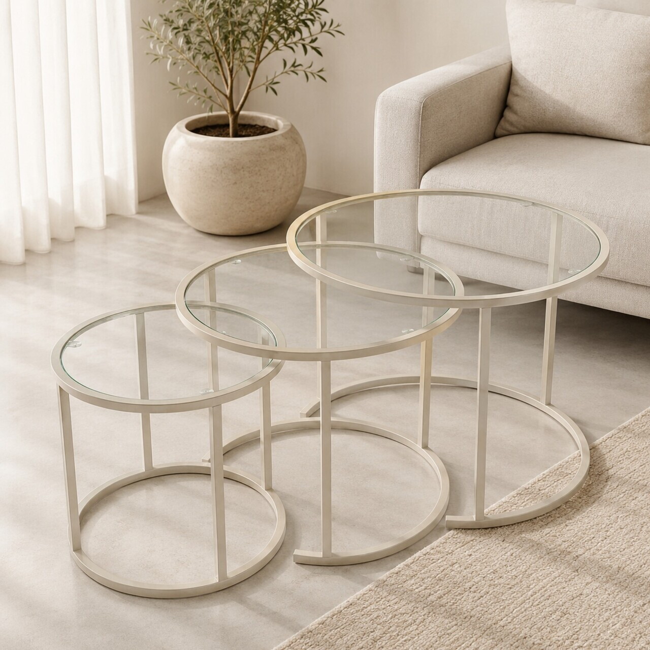 Set masute de cafea, Hanah Home, Beige-Trs-80-60-42-Nrd-Srk, Sticla temperata, Bej — imaginea 3