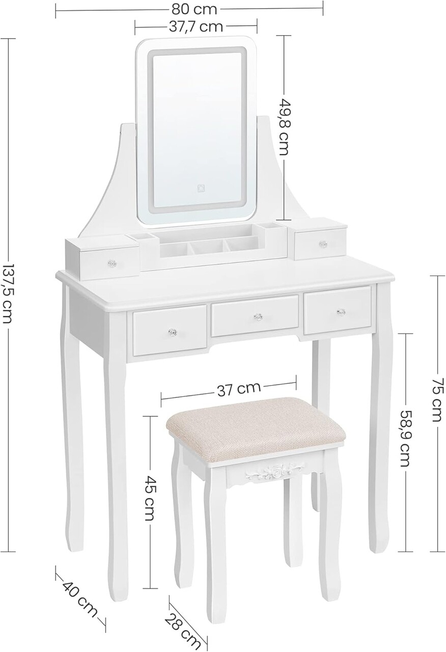 Masa de toaleta cu taburet si oglinda cu LED-uri si rotire 360 / masuta dressing, Vasagle, 80s40s137.5 cm, MDF/lemn de pin/lemn de cauciuc, alb