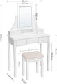 Masa de toaleta cu taburet si oglinda cu LED-uri si rotire 360 / masuta dressing, Vasagle, 80s40s137.5 cm, MDF/lemn de pin/lemn de cauciuc, alb