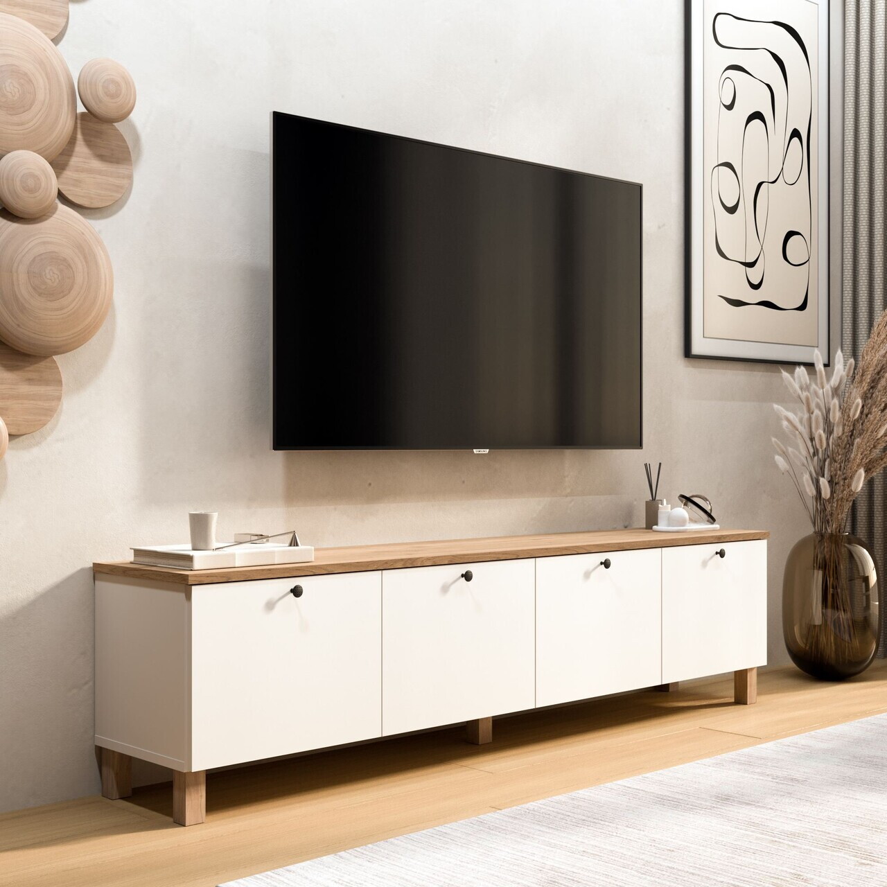 Comoda TV, Hanah Home, Nord, 180x45.6x34.1 cm, PAL, Alb / Stejar — imaginea 2