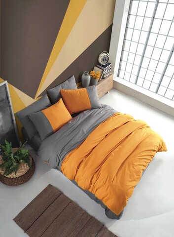 Lenjerie de pat pentru o persoana, diamond - orange, anthracite, hobby, bumbac poplin