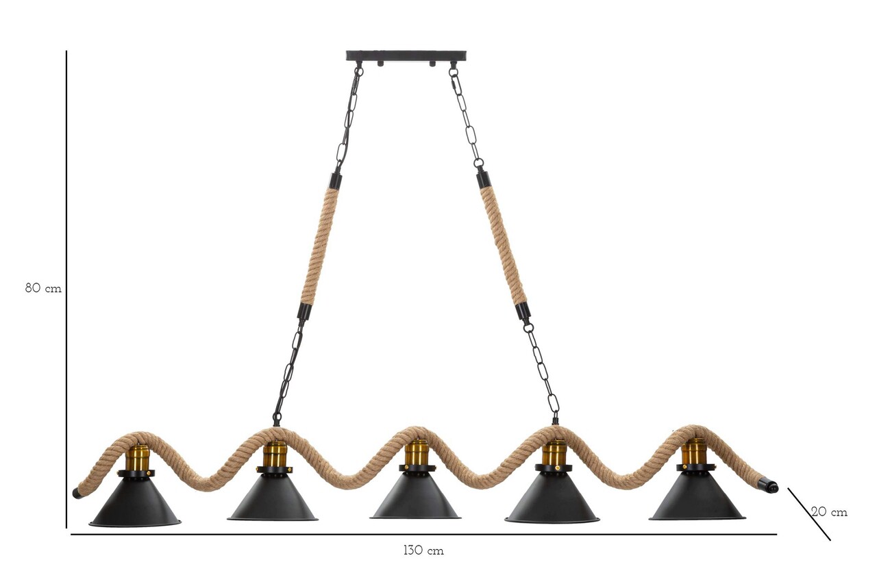 Lustra Rope, Mauro Ferretti, 130 x 20 x 80 cm, 5 x E27, 20W, fier/sfoara, maro/negru