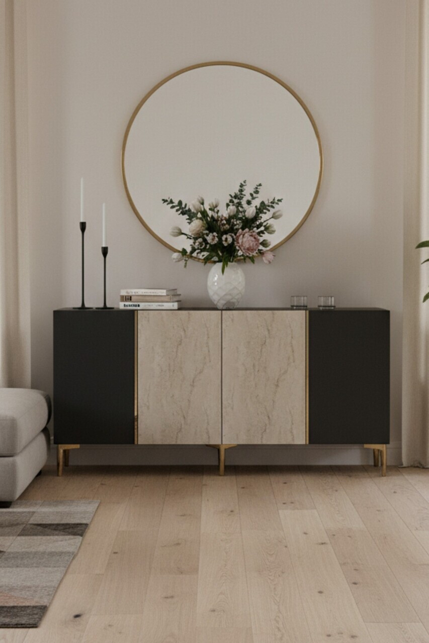 Consola, Hanah Home, Poli 150, 150x75x32 cm, Antracit / Travertin / Auriu — imaginea 2