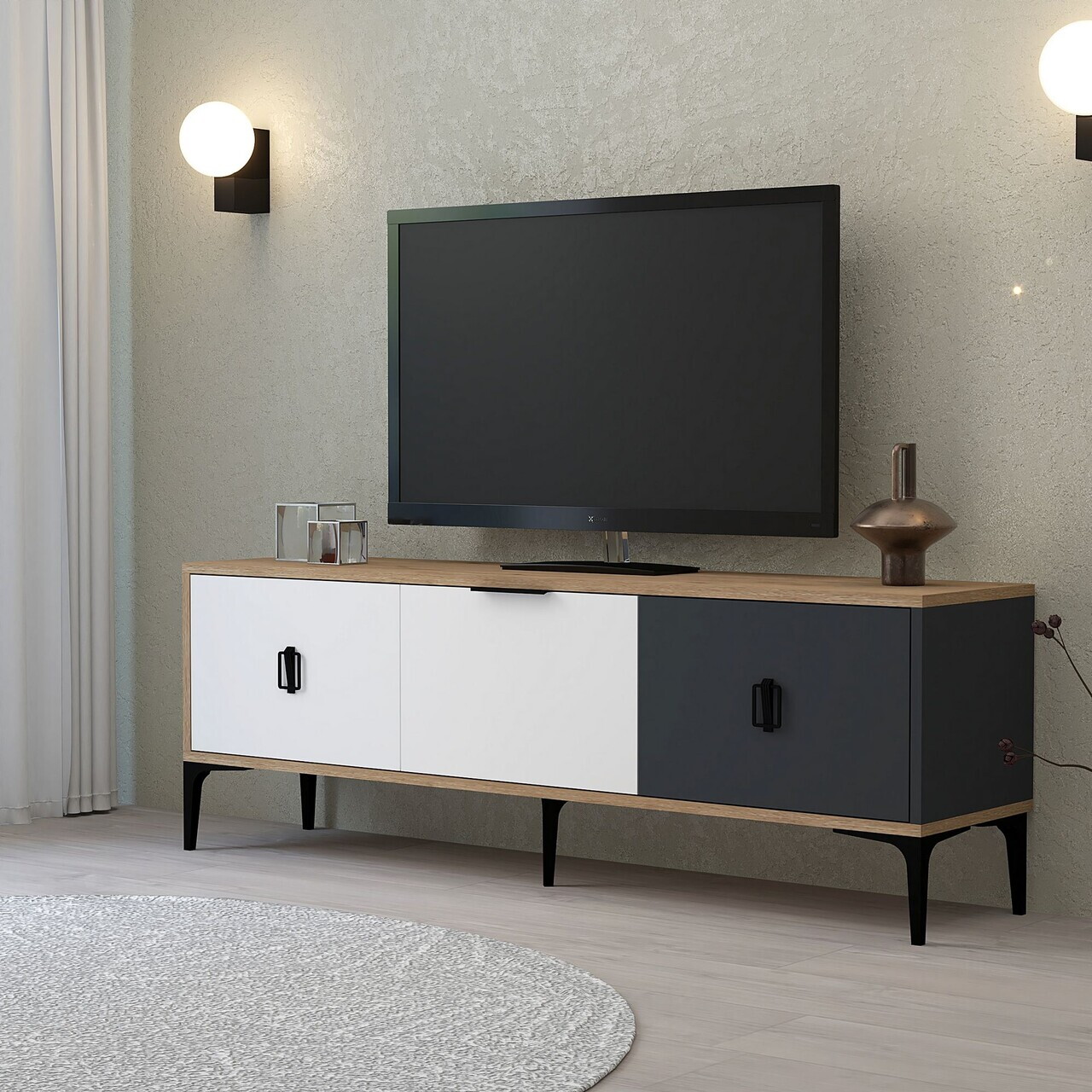 Comoda TV, Hanah Home, Neva 3501, 150x50x35 cm, PAL, Stejar / Alb / Antracit — imaginea 3