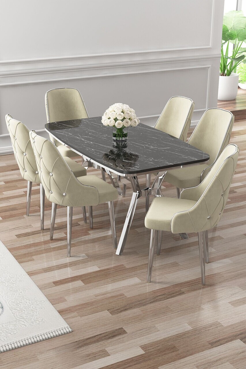 Set masa si scaune (7 piese), Hanah Home, Asel, Sonata / Crom / Cremă