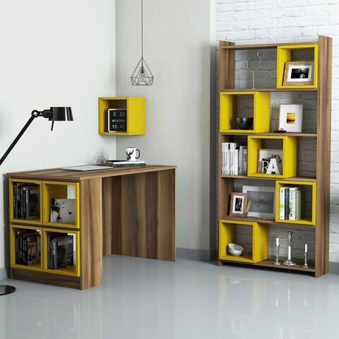 Set birou si biblioteca, hommy craft, box, 120x75x65 cm, nuc / galben