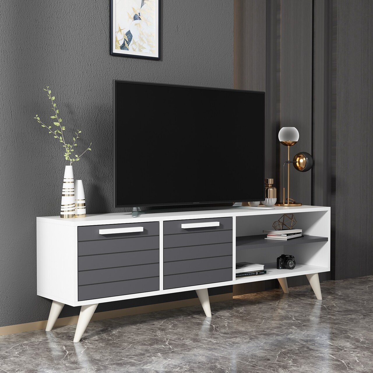 Comoda TV, Odessa, Noyan, 150x30x48 cm, PAL, Alb / Antracit - 1 | YEO