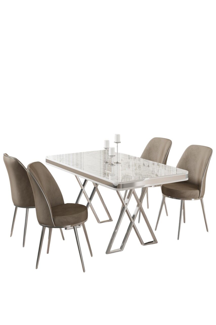 Set masă și scaune (5 bucăți), Hanah Home, Vals, Alb / Crom / Cappuccino - imagine 2