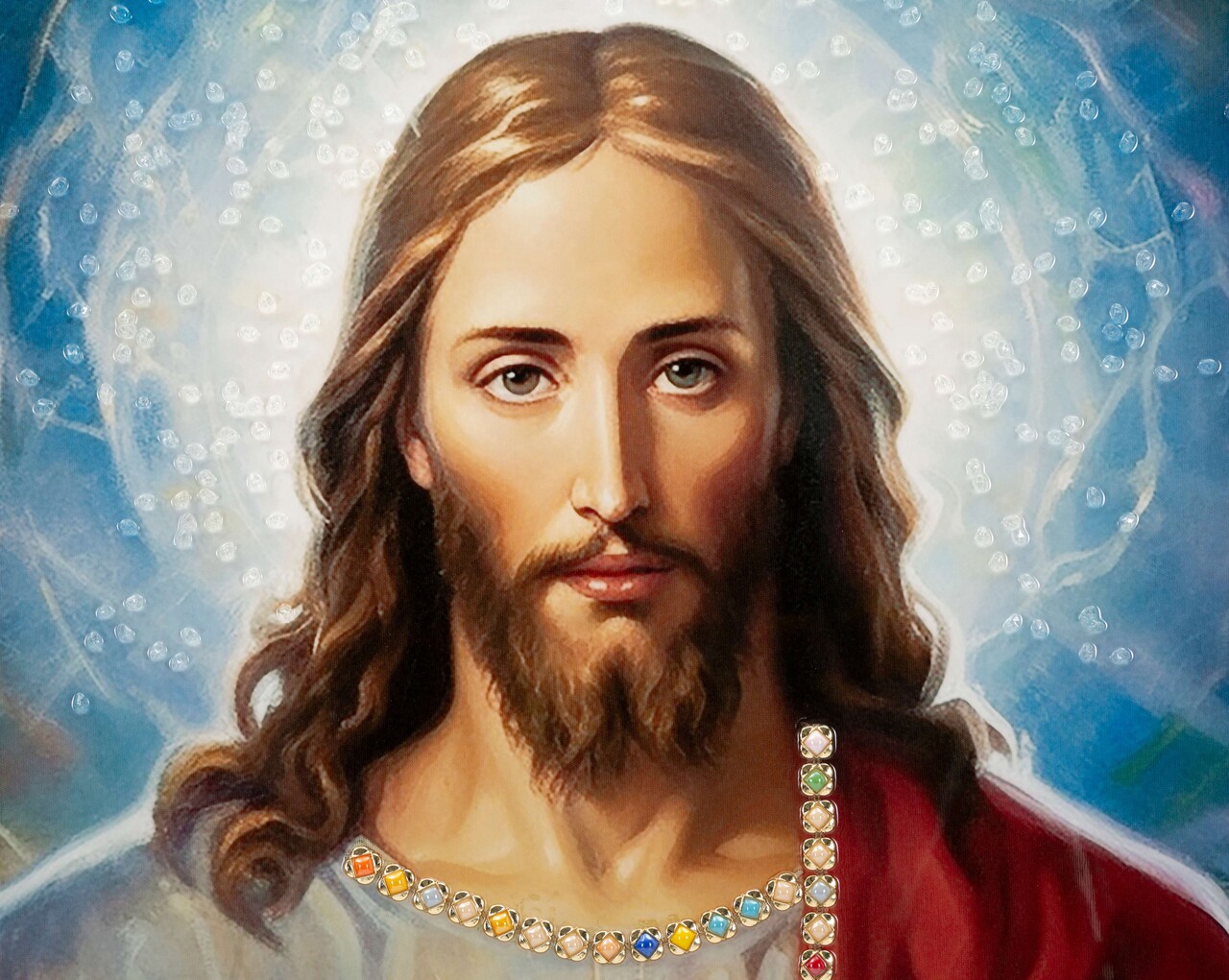 Tablou decorativ Jesus, Mauro Ferretti, 72x102 cm, lemn de pin/canvas pictat si lacuit, multicolor