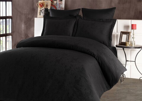 Lenjerie de pat dubla, 6 piese, 200×220 cm, 100% bumbac satinat, Saheser, Nev, negru Lenjerii de Pat