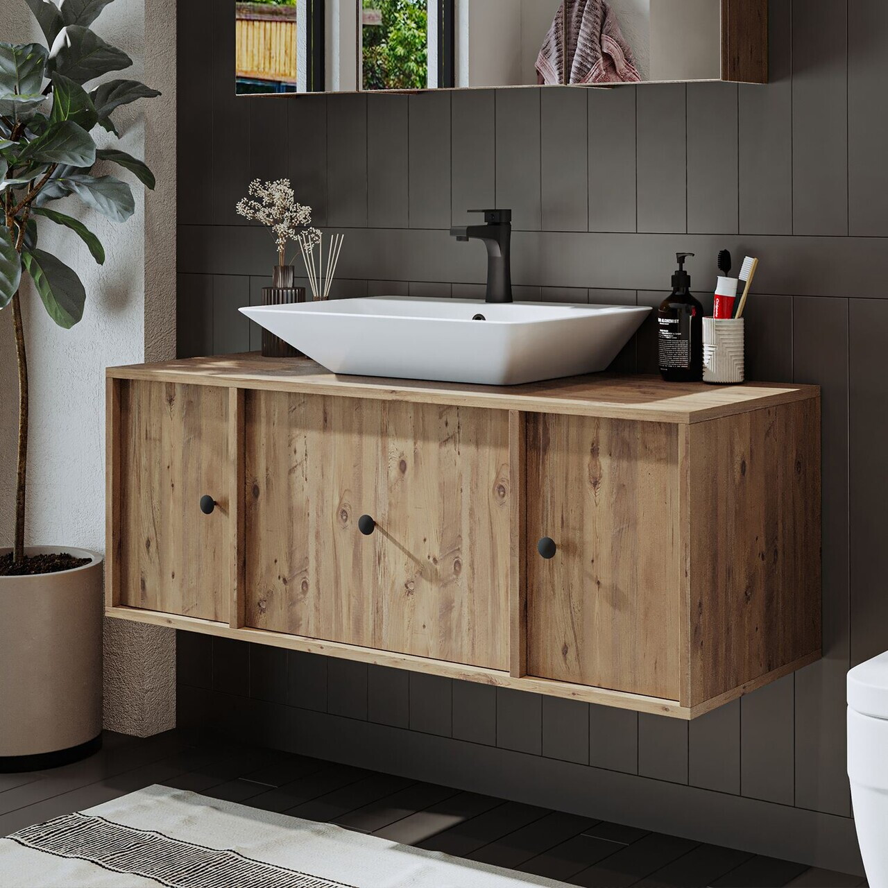 Dulap de baie cu chiuvetă, Hanah Home, 2543, MDF, Maro — imaginea 3