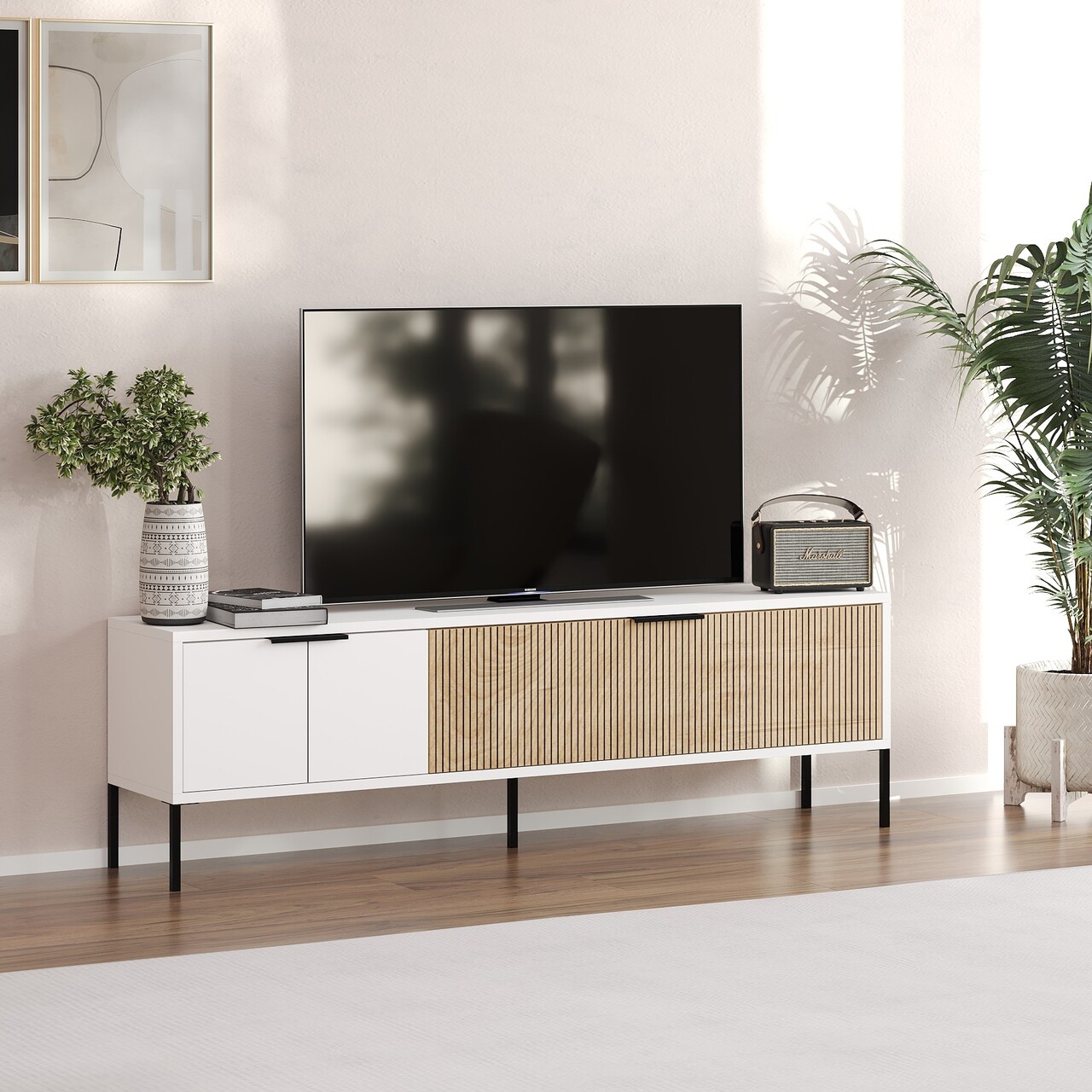 Comoda TV, Odessa, Noah, 150x45x30 cm, Alb / Ratan - 1 | YEO