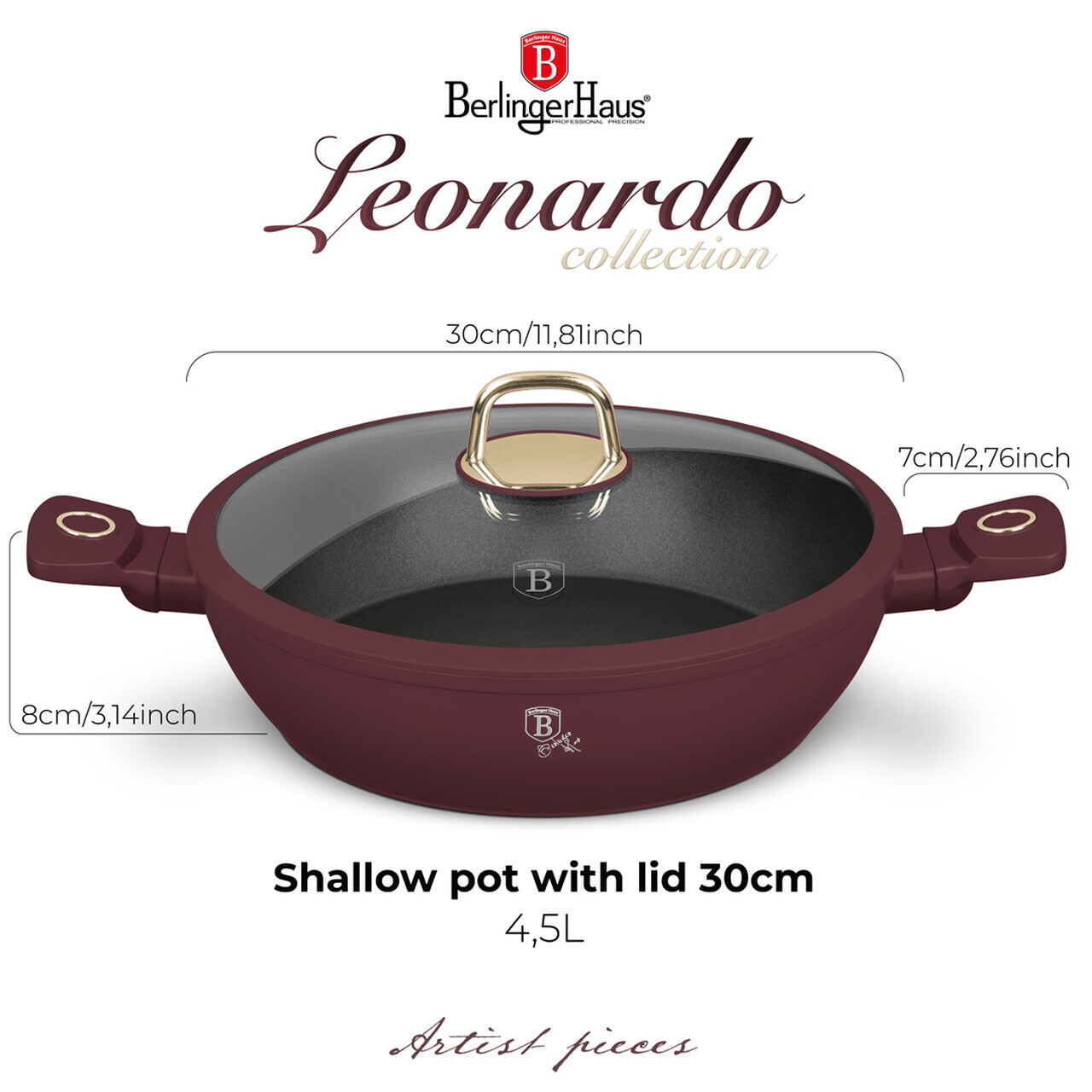 Oala cu capac Berlinger Haus, Leonardo, 30 cm, 4.5 L, aluminiu forjat, visiniu mat - imagine 9