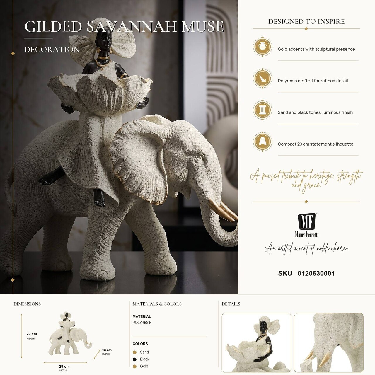Statueta / figurina decorativa, Mauro Ferretti, African Woman on Elephant, 29x13x29 cm, polirasina, nisip - view 8