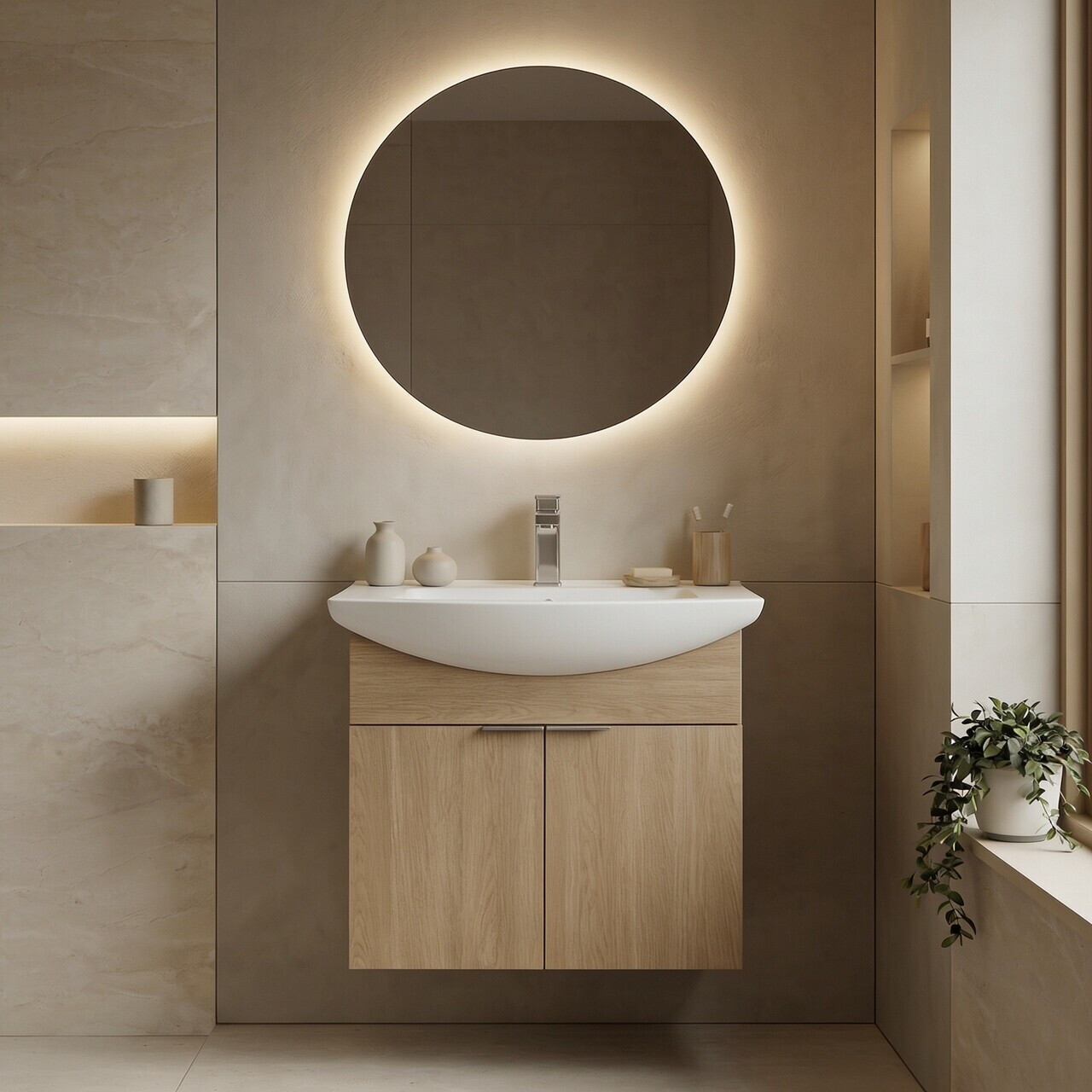 Dulap de baie cu chiuvetă, Hanah Home, Purus 55, Stejar Sonomo