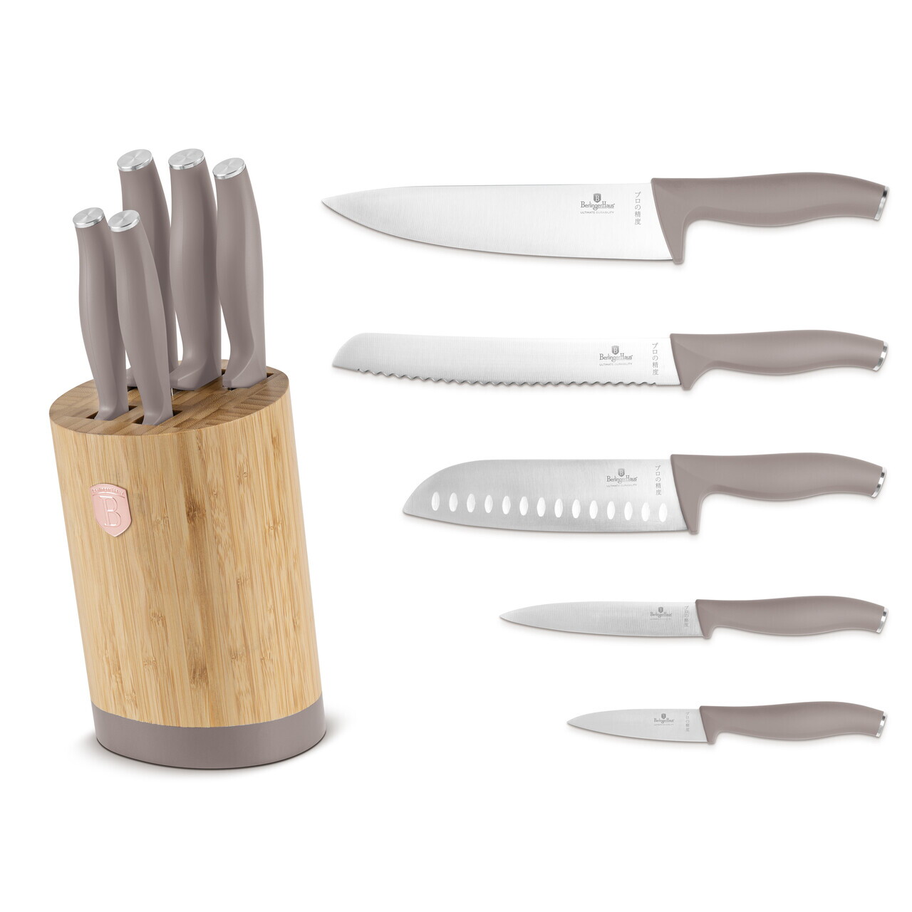 Set 5 cutite cu suport rotund Berlinger Haus, Taupe, inox/bambus, taupe mat/natur - imagine 12