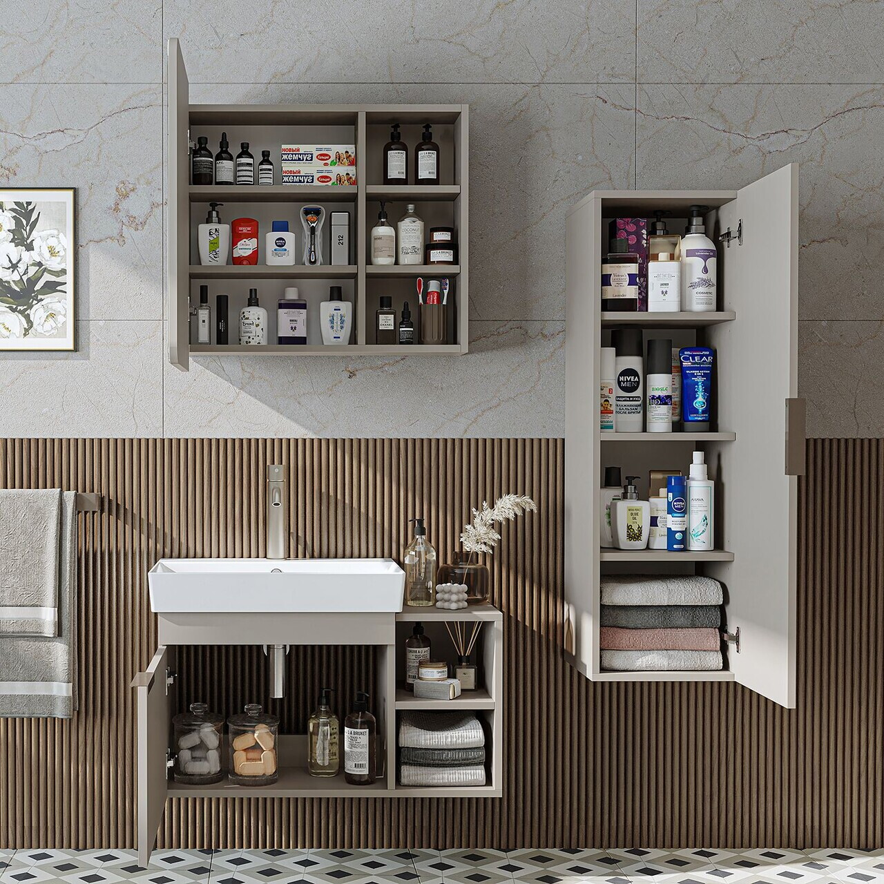 Set Dulap de Baie cu Chiuvetă și Oglindă (3 Piese), Hanah Home, 2942, PAL MELAMINAT, Gresie — imaginea 4