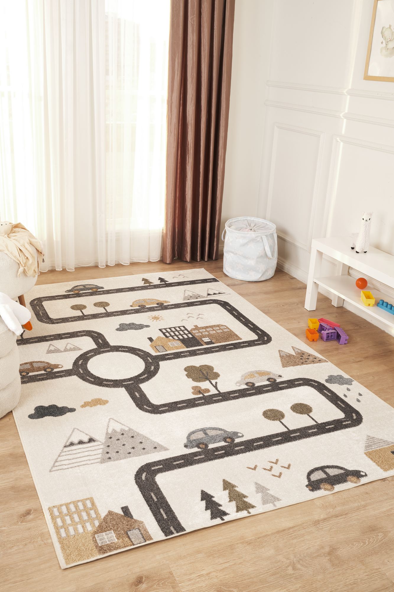 Covor, Bohem Kids Road, 80x150 cm, Poliester, Crem / Gri