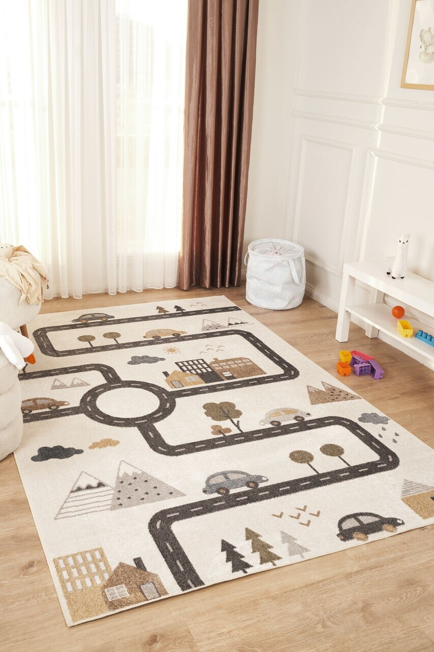 Covor, Bohem Kids Road, 80x150 cm, Poliester, Crem / Gri