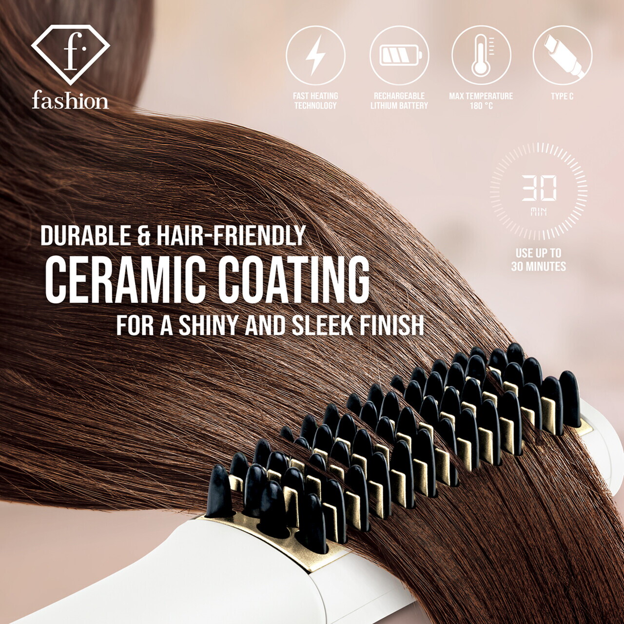 Mini pieptene pentru indreptat parul Fashion TV, Matte Cream-Gold, 180°C, invelis ceramic, crem - imagine 7