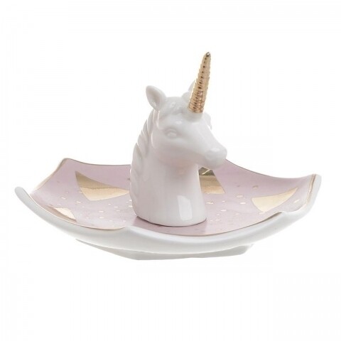 Decoratiune Unicorn, InArt, 13 x 12 x 8 cm, ceramica, alb/roz/auriu