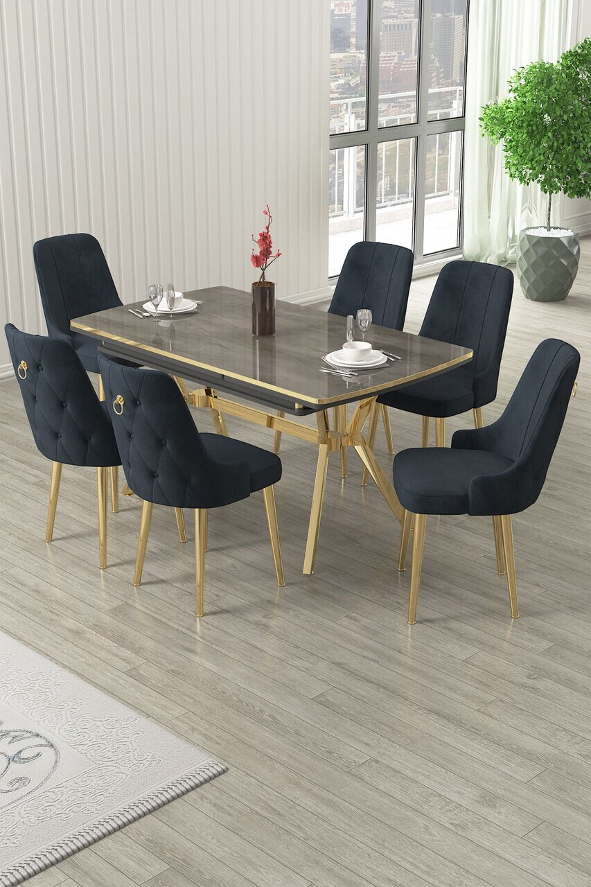 Set masa extensibila si scaune (7 piese), Hanah Home, Nis, Antracit / Aur