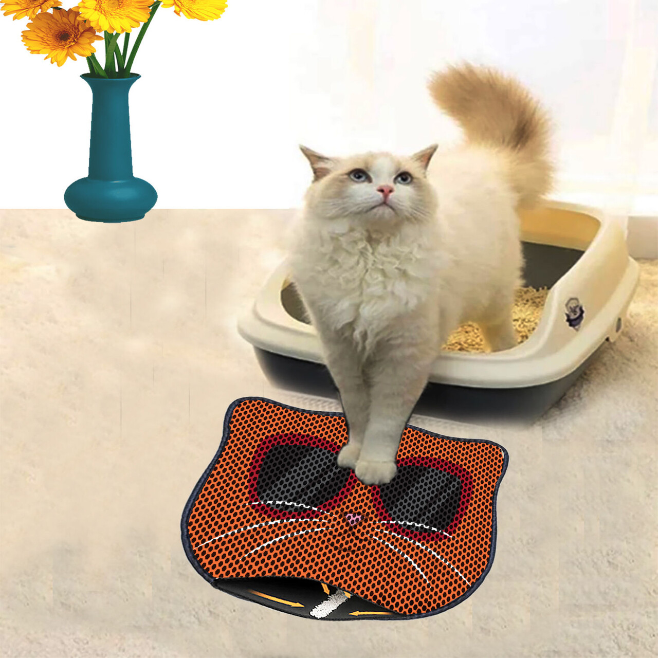 Covoras litiera pentru colectarea granulelor de nisip, Paws &amp; Whiskers, Kdkafa0234, 50% PVC/50% poliester, Multicolor