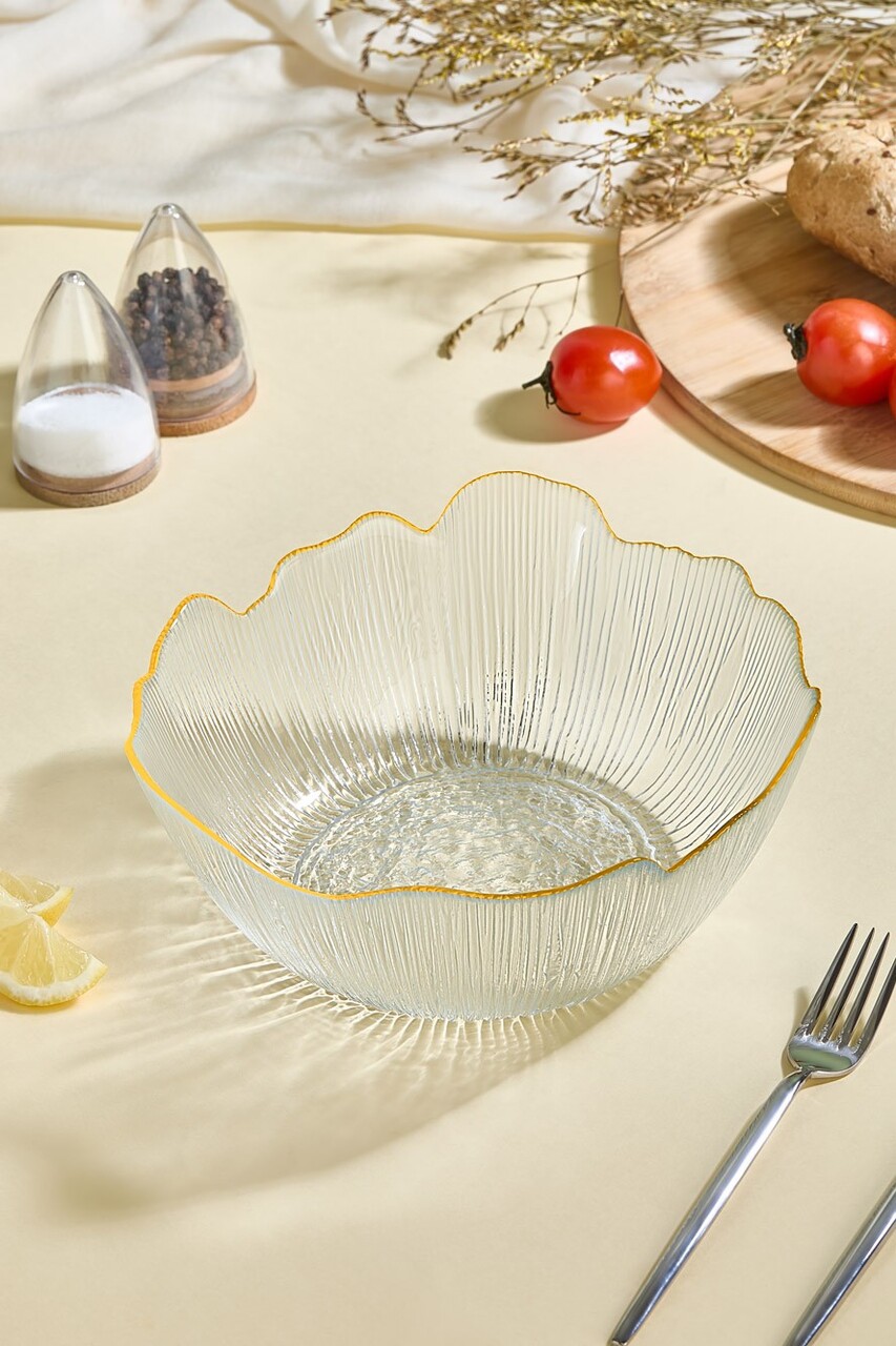 Bol de salată din sticlă, Hermia, 337GLZ1175, Cu ramă aurie, Transparent - imagine 3