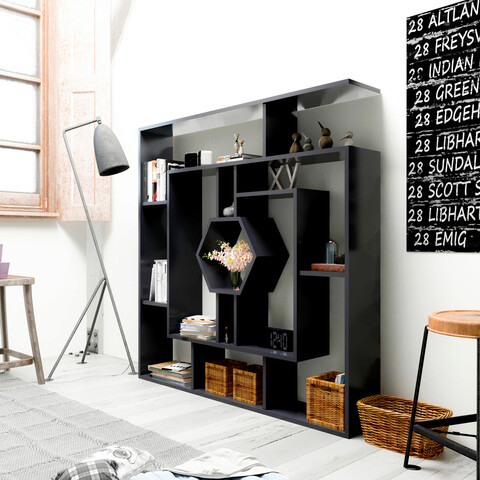 Corp biblioteca, zena home, labrina, pal, negru