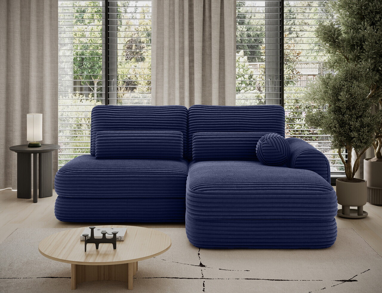 Coltar extensibil dreapta 3 locuri ELTAP, Ripeli, 217x175x96 cm, lemn/catifea din poliester, albastru inchis — imaginea 3