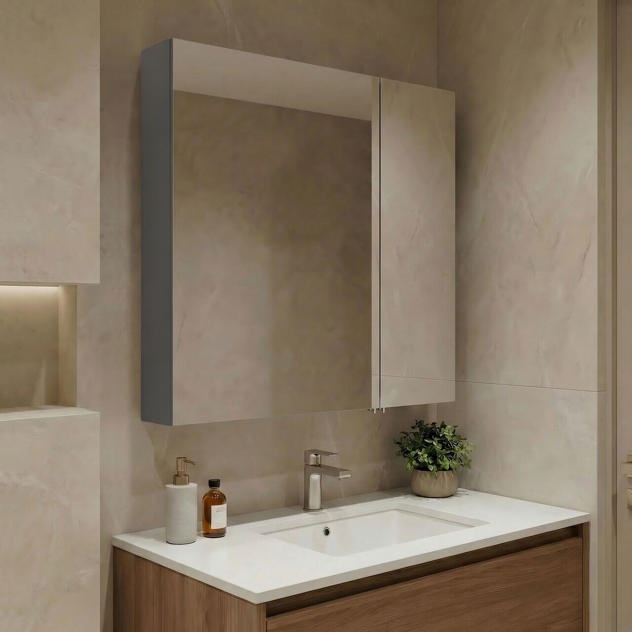 Dulap de baie cu oglindă, Hanah Home, Nuvola 60 v2, Gri
