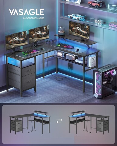 Birou in forma de L / birou de colt, Vasagle, Gaming Desk, cu suport monitor, sertare, priza incorporata si porturi USB, 120x150x89 cm, PAL/otel, negru