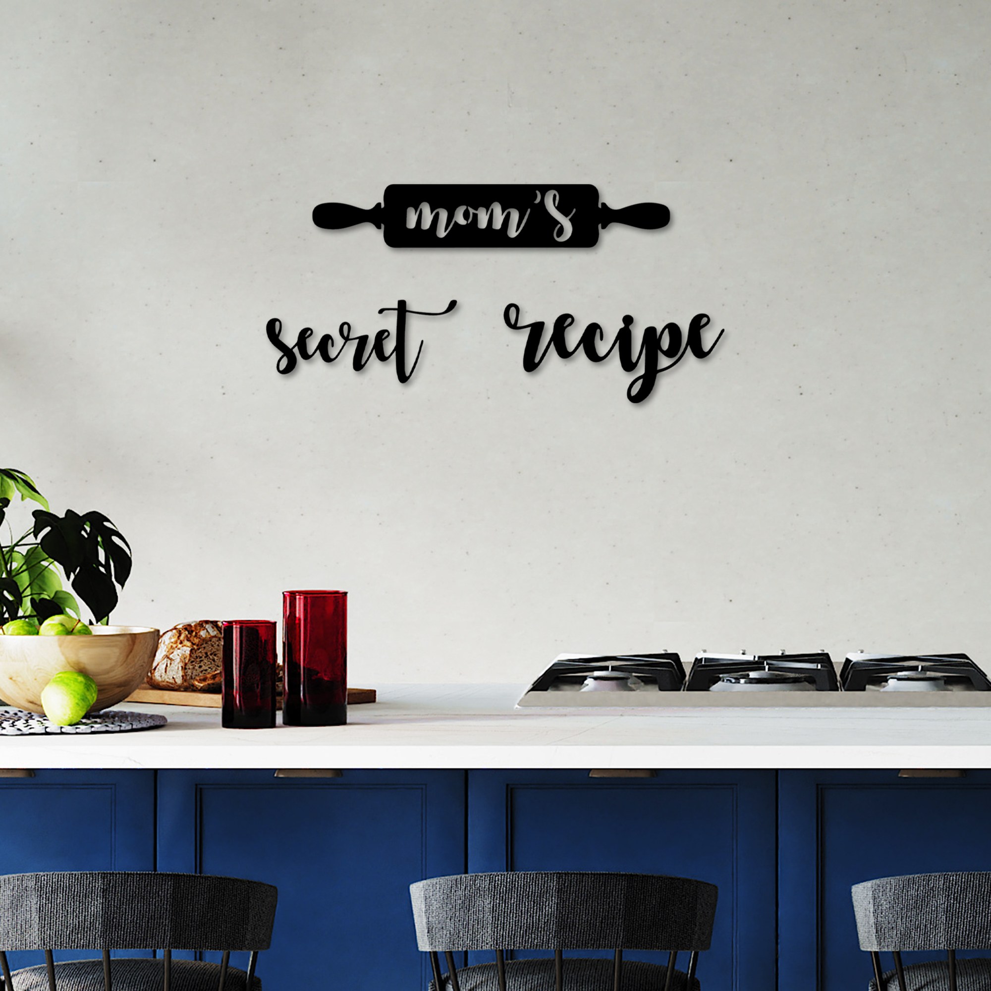 Decoratiune de perete, Mom's Secret Recipe, Dimensiune: 33 x 20 cm (3 bucăți), Negru