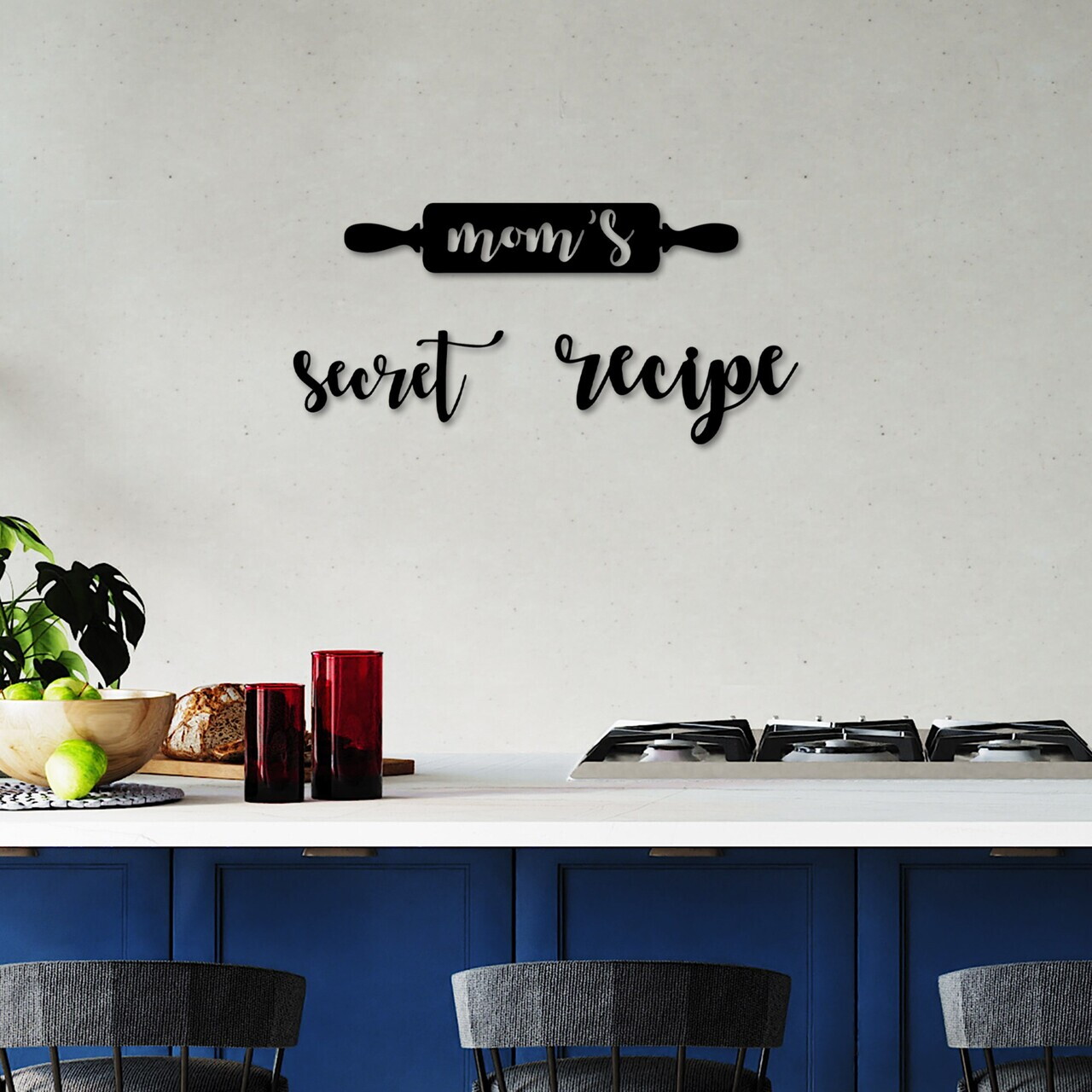 Decoratiune de perete, Mom's Secret Recipe, Dimensiune: 33 x 20 cm (3 bucăți), Negru