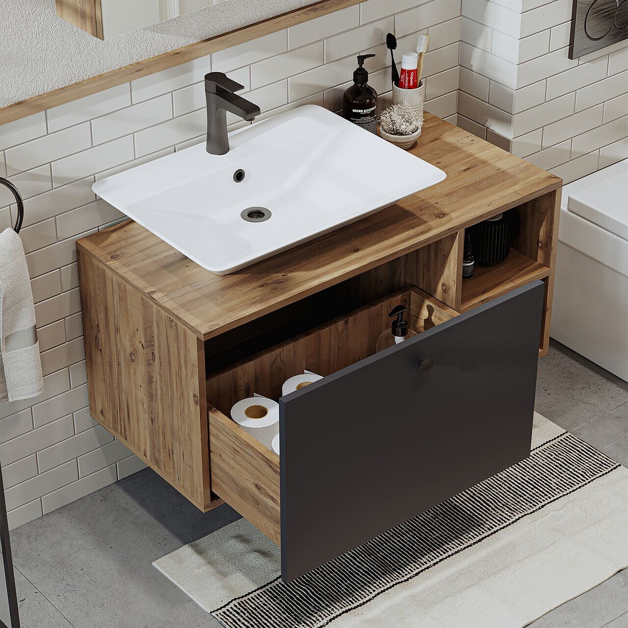 Dulap de baie cu chiuvetă, Hanah Home, 2454, 95x56.5x45 cm, MDF, Pin Atlantic / Antracit — imaginea 4