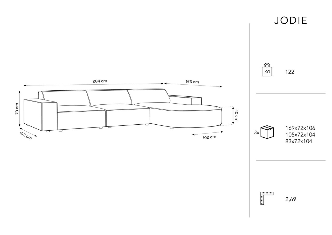 Coltar dreapta 4 locuri, Jodie, Micadoni Home, BL, forma rotunjita, 284x166x70 cm, catifea, gri