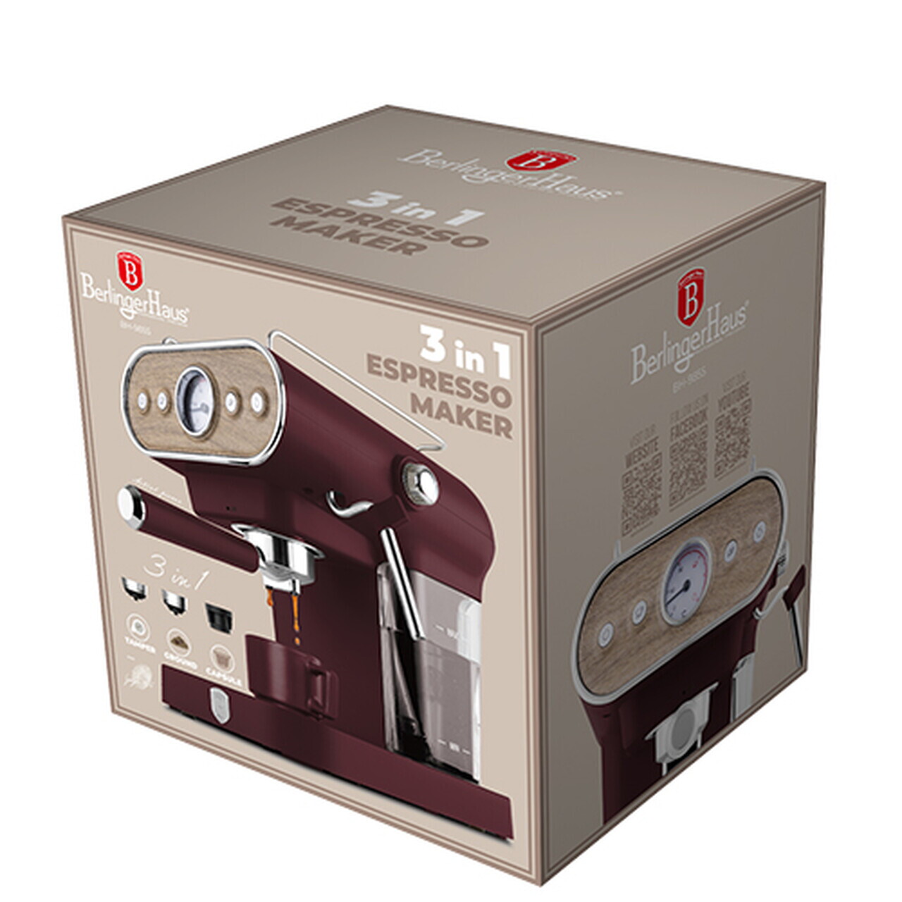 Espressor 3 in 1 Berlinger Haus, Leonardo Nordic, 950W, 23x26.5x30.5 cm, inox, visiniu mat/natur - imagine 13